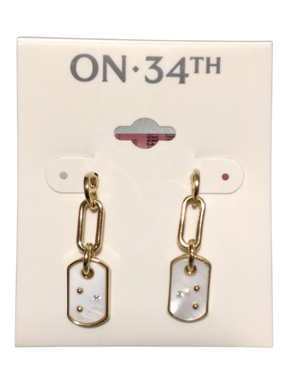 On 34th Gold and White Dangle Tag Earrings